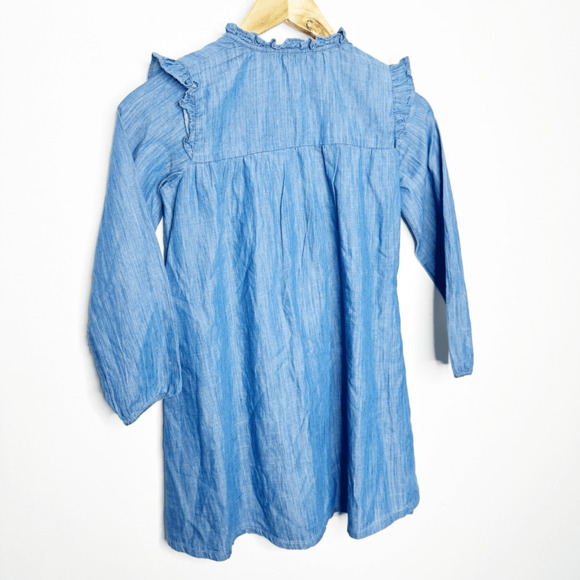 LES ESSENTIELS DE MONOPRIX Chambray long sleeve ruffle dress blue Girls 8 - Picture 5 of 7